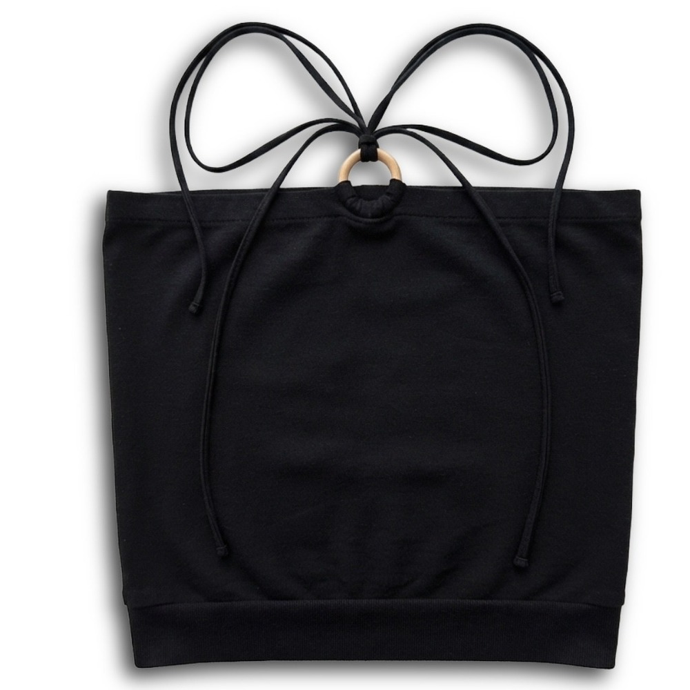 Womens Black Halter Tube Top Wooden Ring Tie Neck Ribbed Hem Knit Tank
